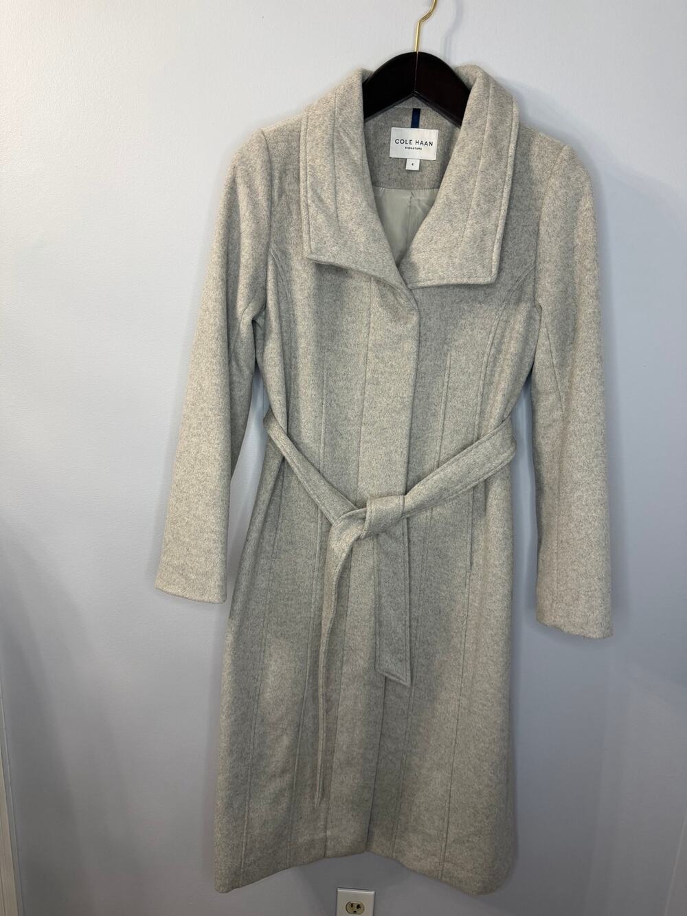 Cole Haan Igy Belted Wool Blend Gray Long Coat Women's 4 Classic